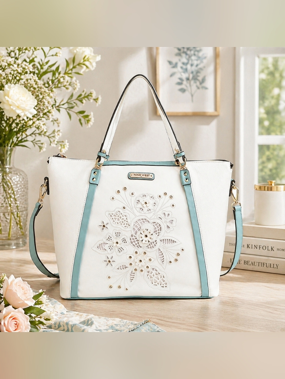 NWT. Nicole Lee White and Light Blue Embroidered Tote